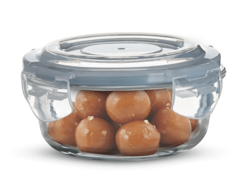 BERGNER Borosilicate Glass Side Lock Round Storage Container for Kitchen with Air-Tight and Leakproof Lid, BPA Free, Microwave and Oven Safe, Removable Silicone Ice Blue Gasket (400 ml), Transparent